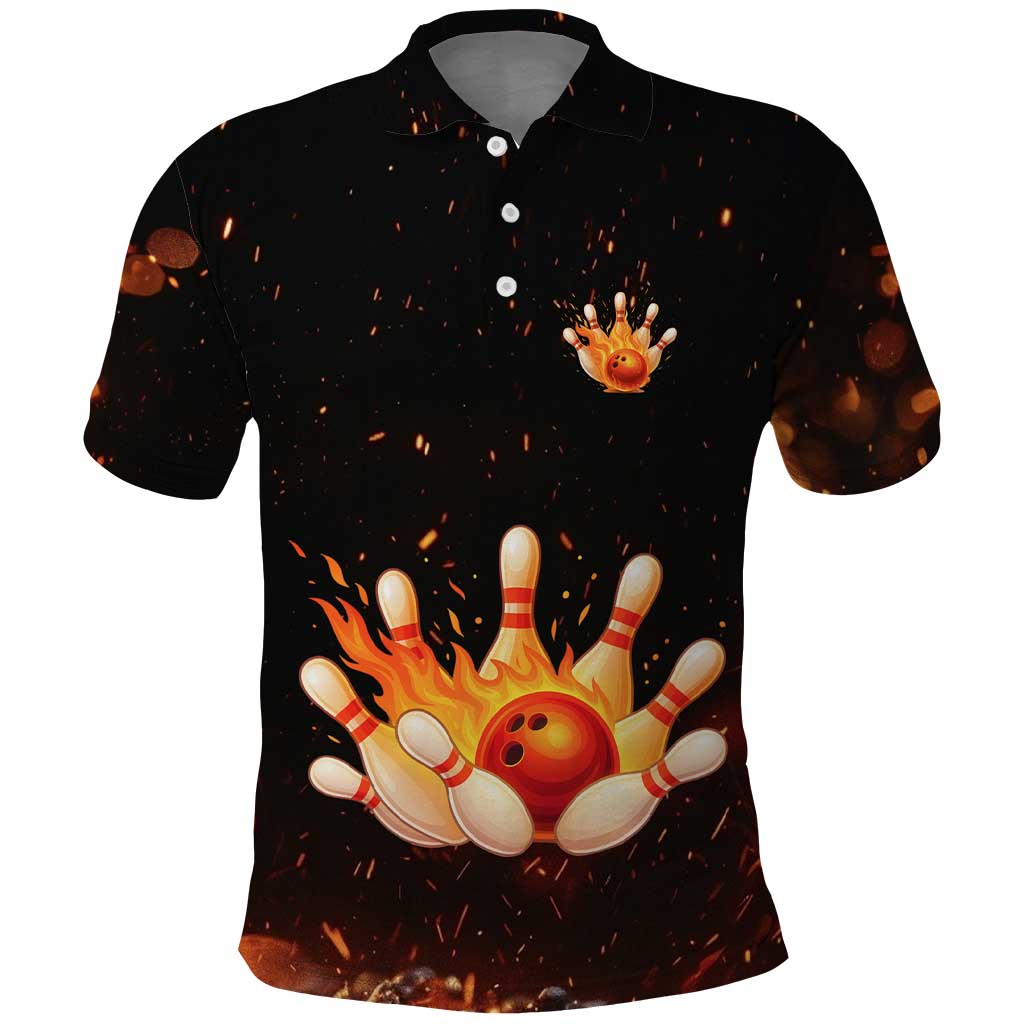 Flaming Bowling Ball Design Polo Shirt with Strike Pins and Glowing Fire Sparks on Dark Background TS04