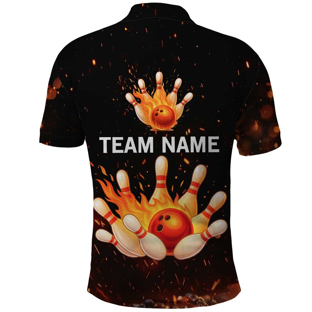 Flaming Bowling Ball Design Polo Shirt with Strike Pins and Glowing Fire Sparks on Dark Background TS04
