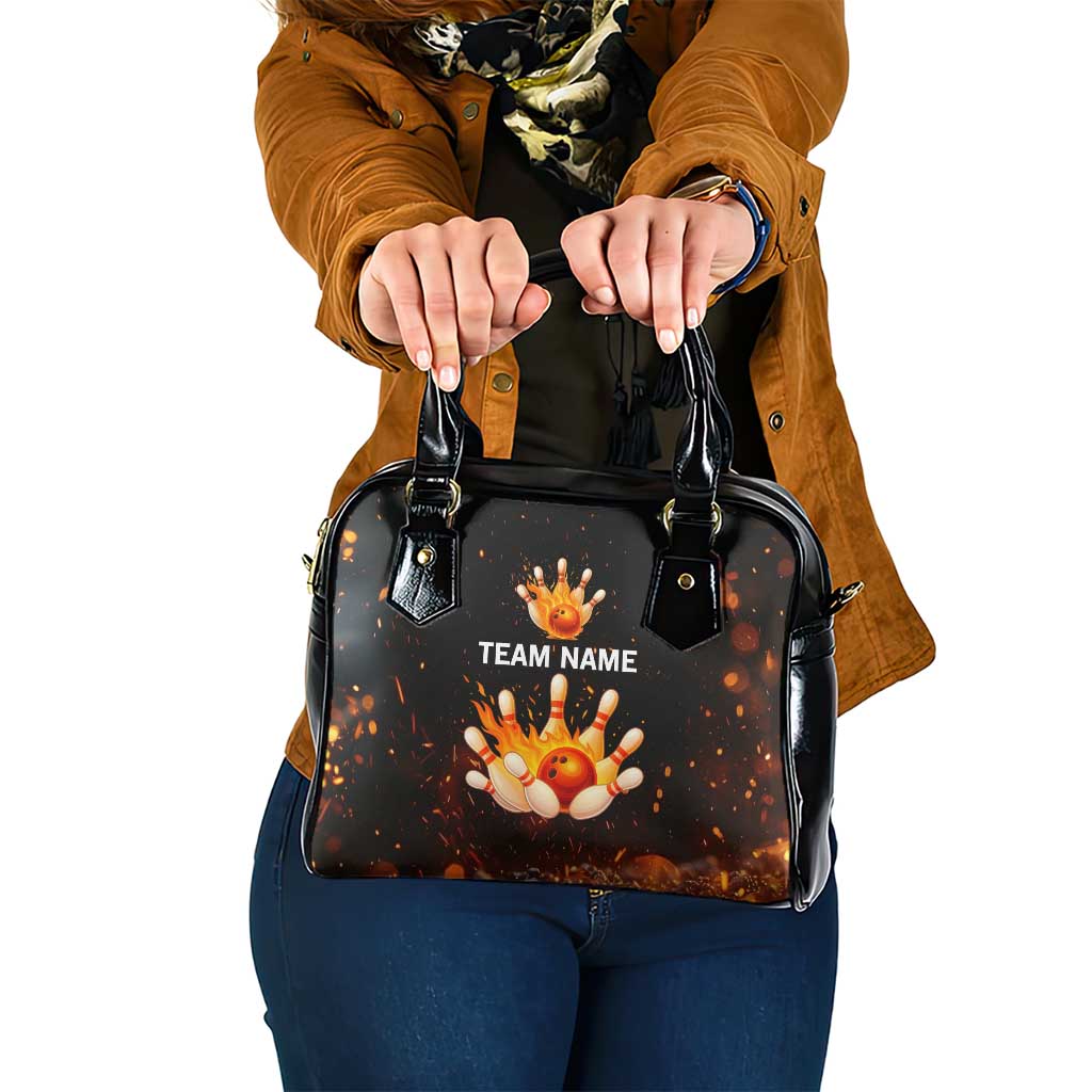 Flaming Bowling Ball Design Shoulder Handbag with Strike Pins and Glowing Fire Sparks on Dark Background TS04