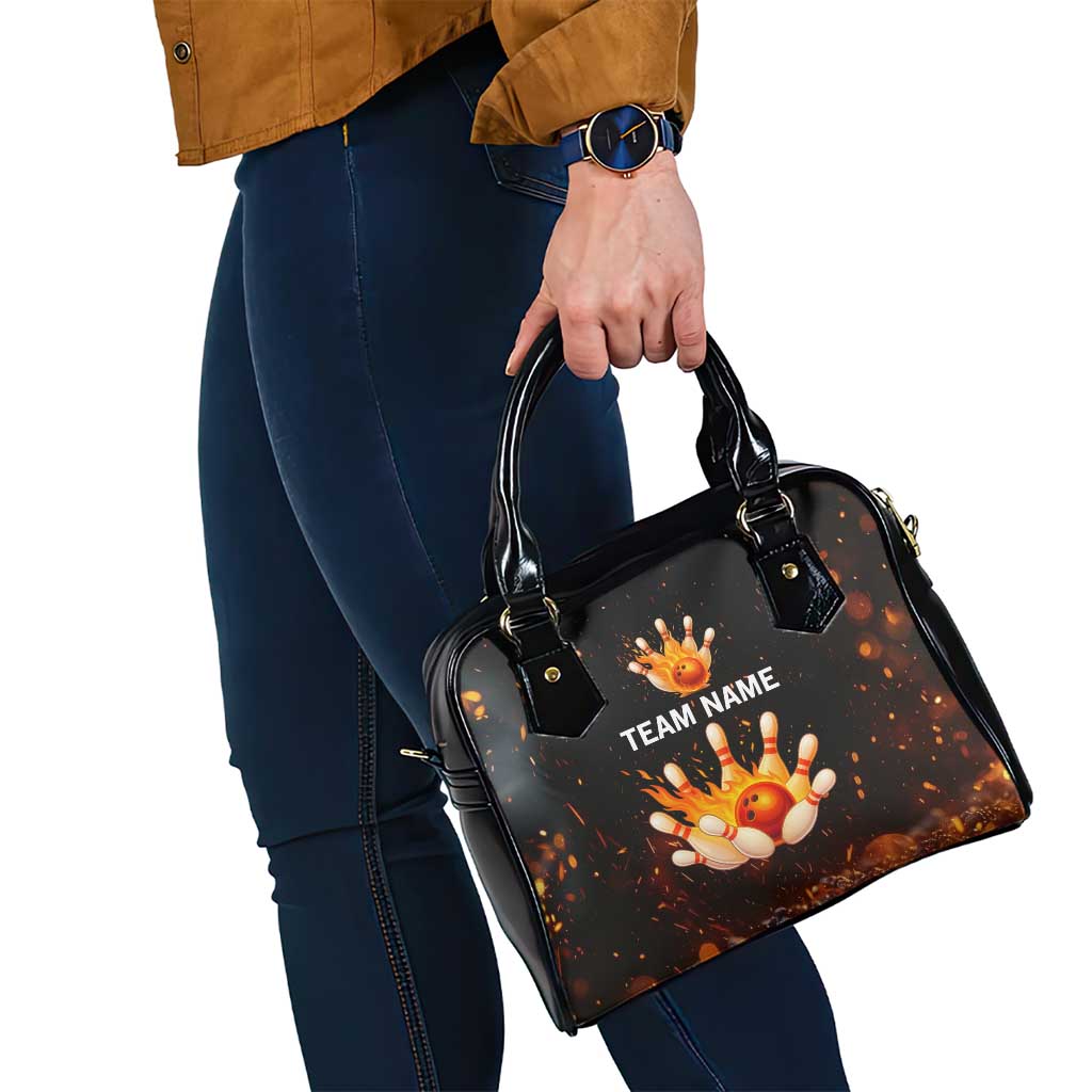 Flaming Bowling Ball Design Shoulder Handbag with Strike Pins and Glowing Fire Sparks on Dark Background TS04