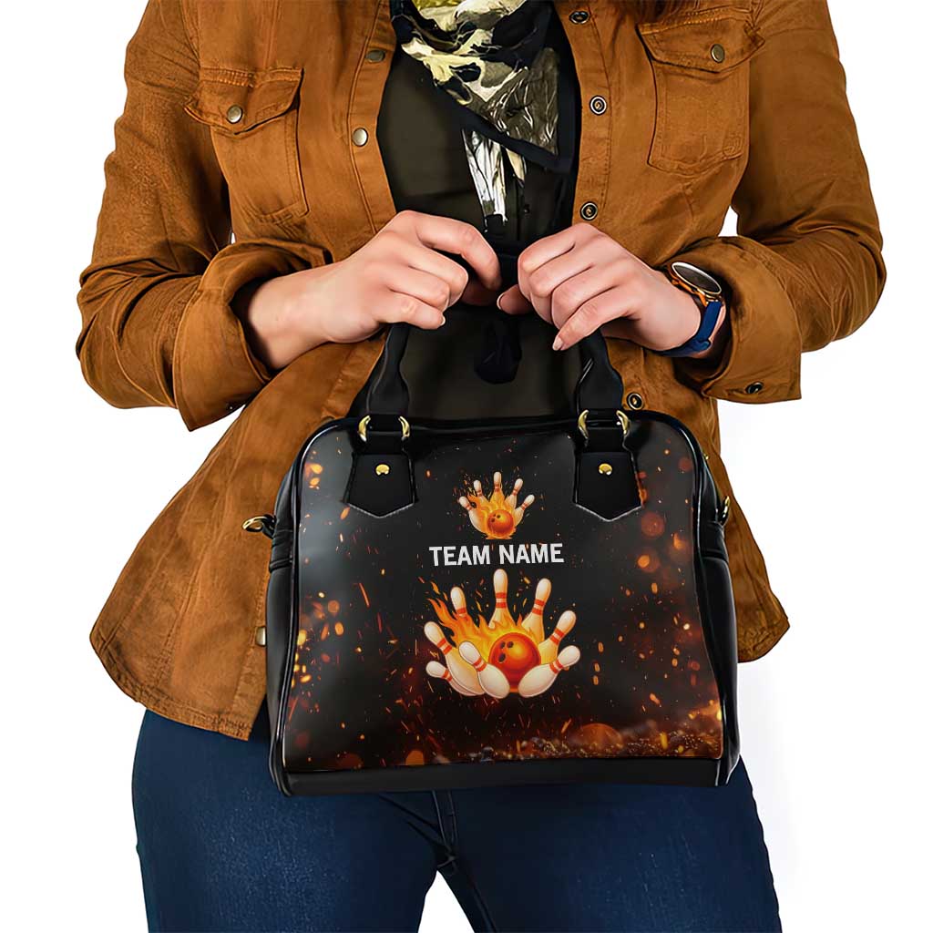 Flaming Bowling Ball Design Shoulder Handbag with Strike Pins and Glowing Fire Sparks on Dark Background TS04