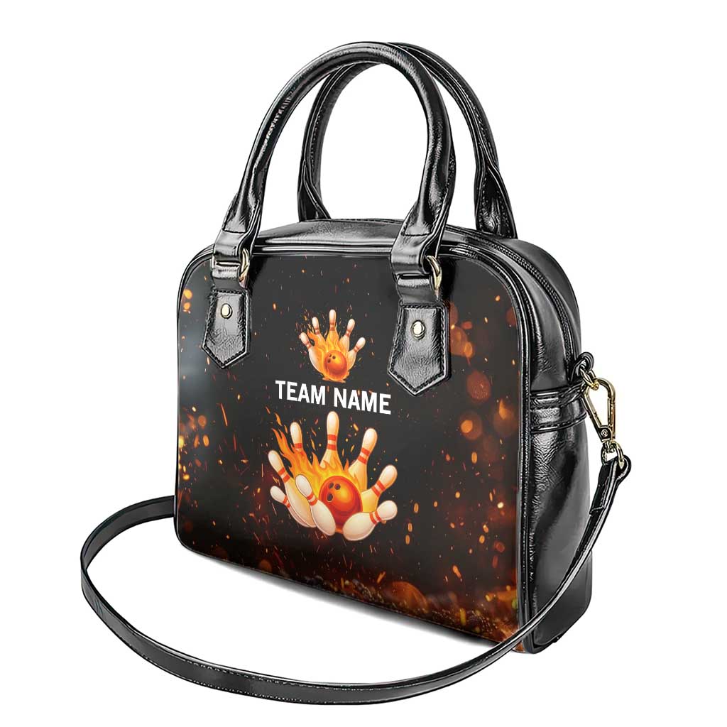 Flaming Bowling Ball Design Shoulder Handbag with Strike Pins and Glowing Fire Sparks on Dark Background TS04