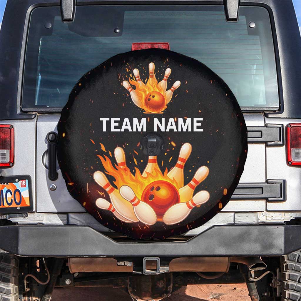 Flaming Bowling Ball Design Spare Tire Cover with Strike Pins and Glowing Fire Sparks on Dark Background TS04