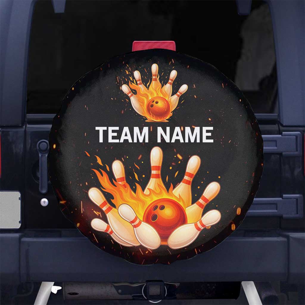 Flaming Bowling Ball Design Spare Tire Cover with Strike Pins and Glowing Fire Sparks on Dark Background TS04