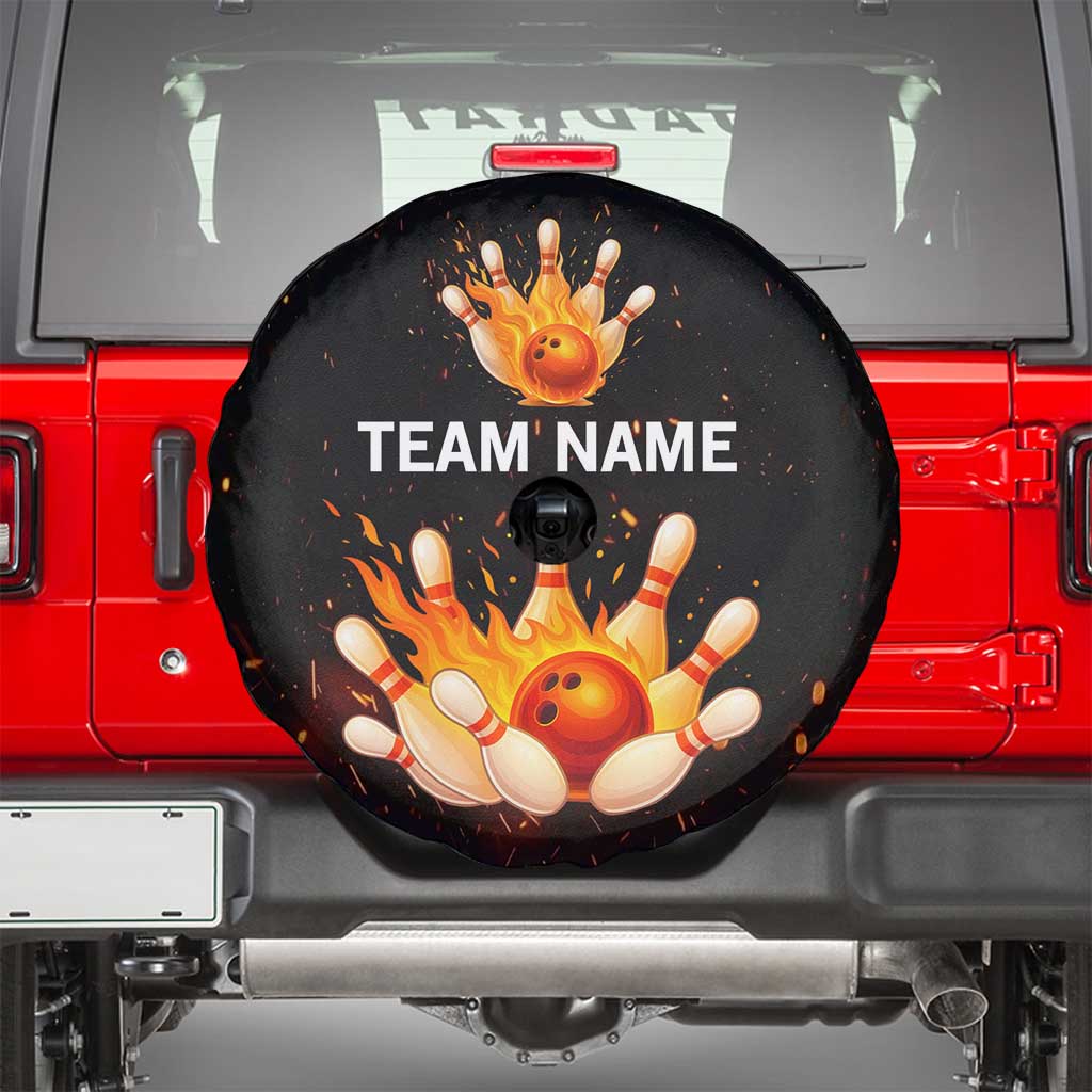Flaming Bowling Ball Design Spare Tire Cover with Strike Pins and Glowing Fire Sparks on Dark Background TS04