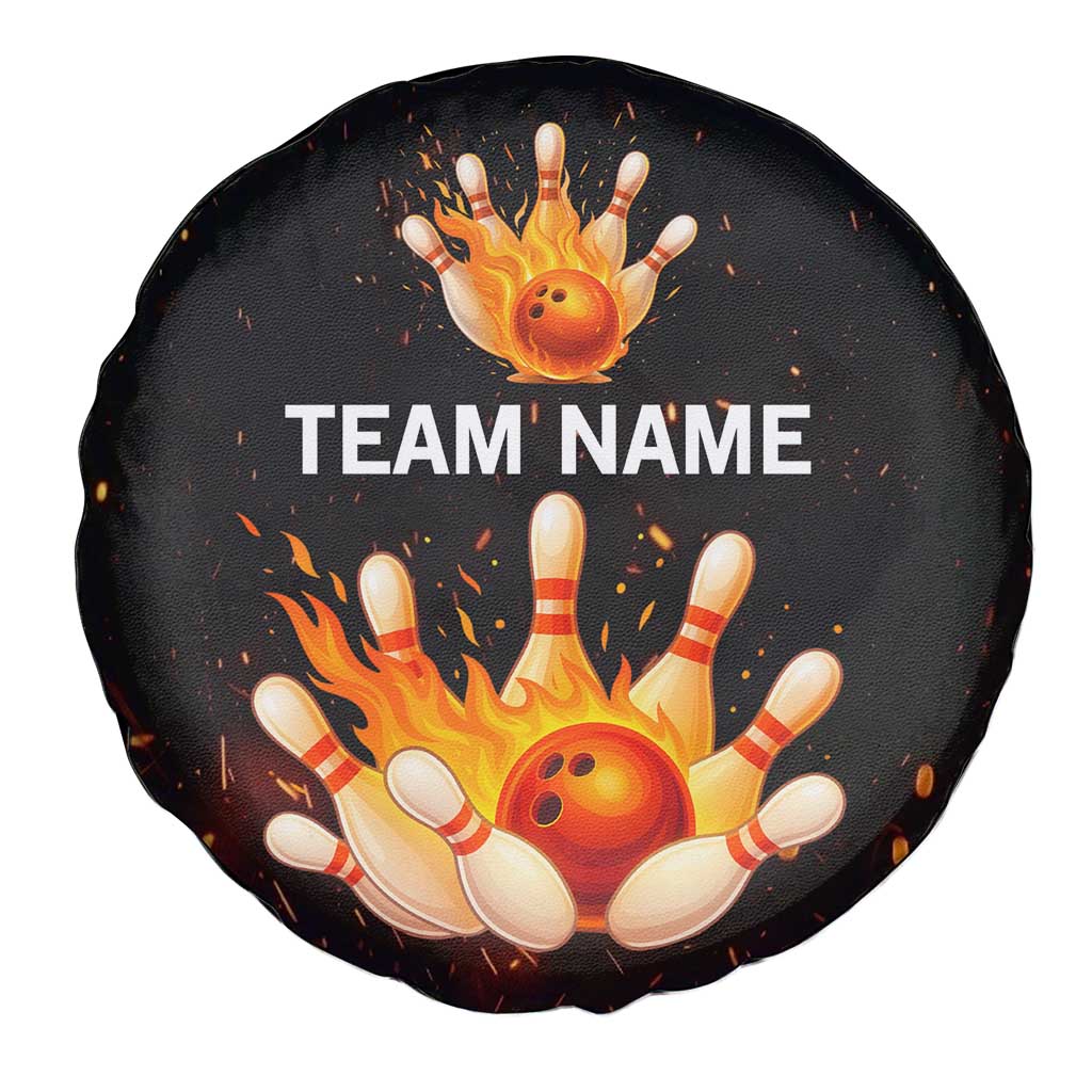 Flaming Bowling Ball Design Spare Tire Cover with Strike Pins and Glowing Fire Sparks on Dark Background TS04