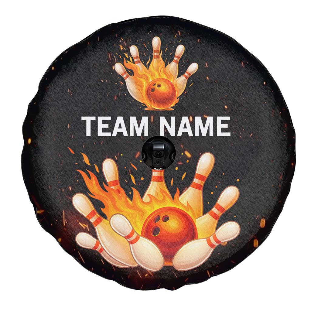 Flaming Bowling Ball Design Spare Tire Cover with Strike Pins and Glowing Fire Sparks on Dark Background TS04