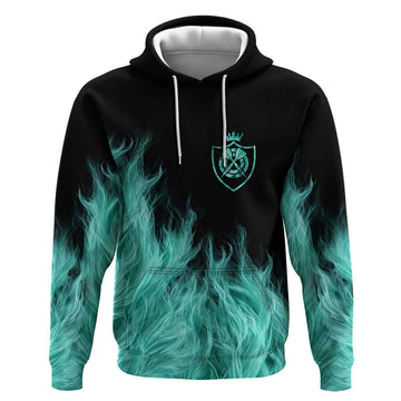 Darts Board Hoodie with Flaming Green Smoke and Crest Emblem on Black Gradient Background TS04