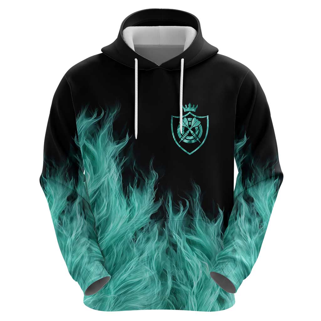 Darts Board Hoodie with Flaming Green Smoke and Crest Emblem on Black Gradient Background TS04