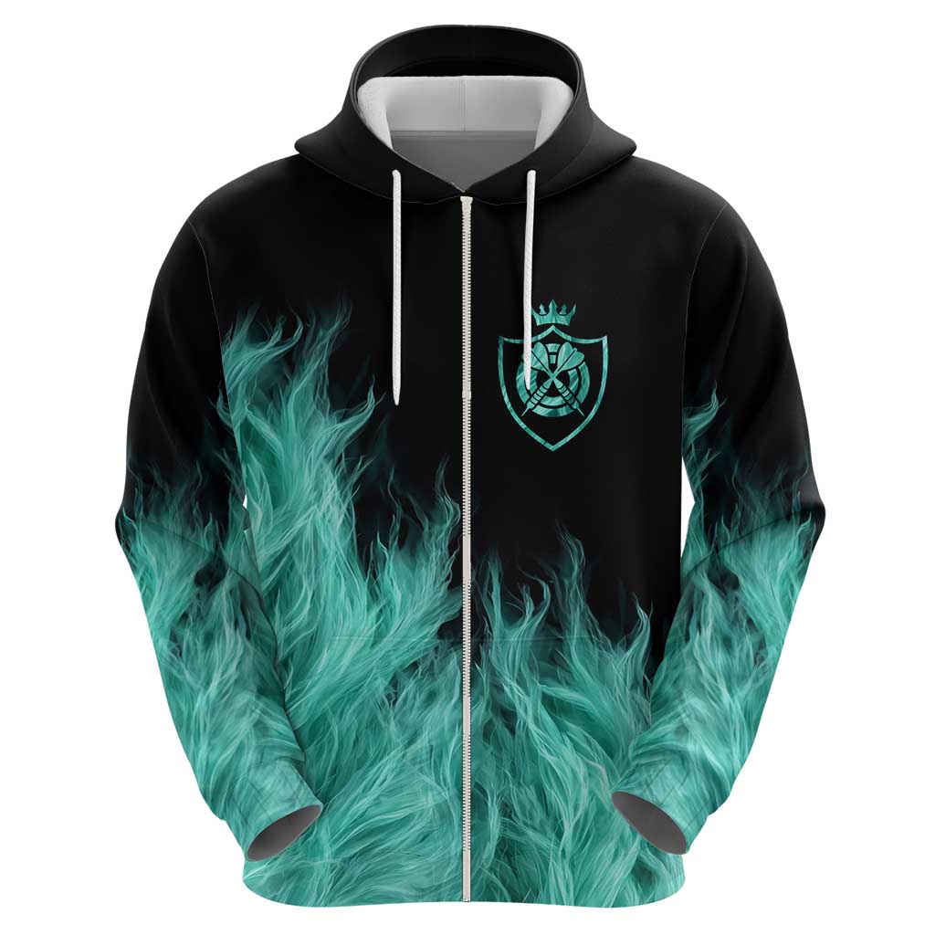 Darts Board Hoodie with Flaming Green Smoke and Crest Emblem on Black Gradient Background TS04