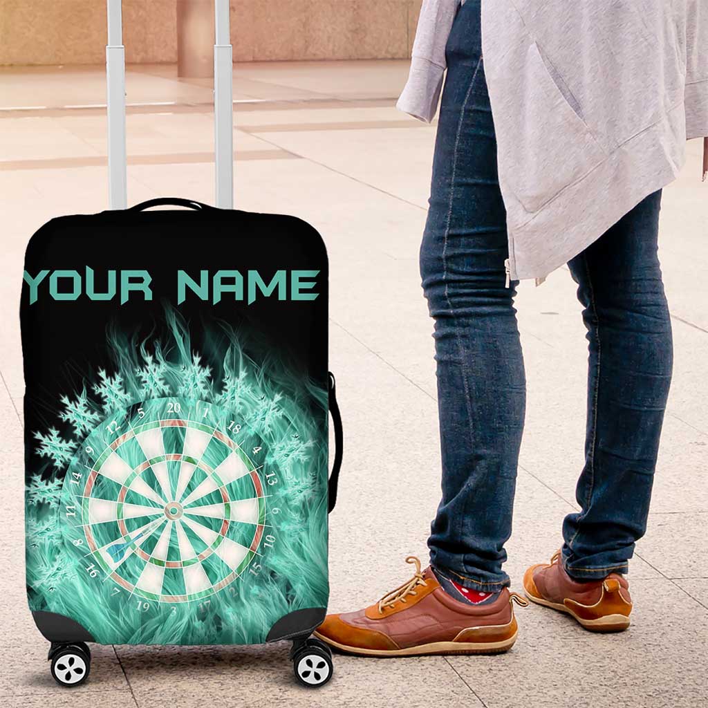 Darts Board Luggage Cover with Flaming Green Smoke and Crest Emblem on Black Gradient Background TS04