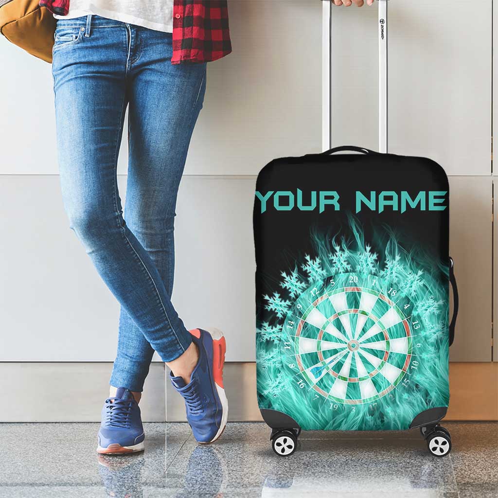 Darts Board Luggage Cover with Flaming Green Smoke and Crest Emblem on Black Gradient Background TS04