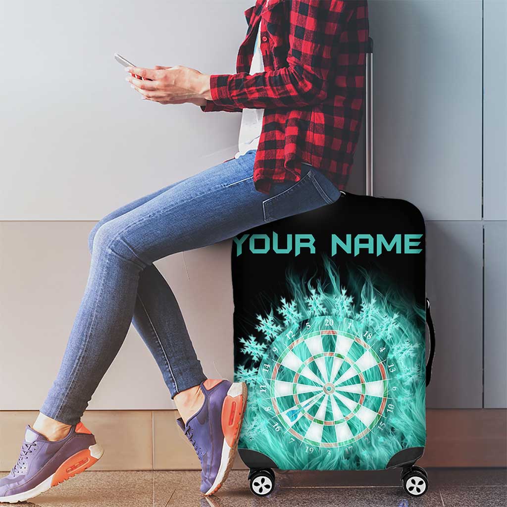 Darts Board Luggage Cover with Flaming Green Smoke and Crest Emblem on Black Gradient Background TS04