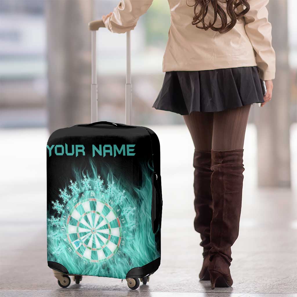 Darts Board Luggage Cover with Flaming Green Smoke and Crest Emblem on Black Gradient Background TS04