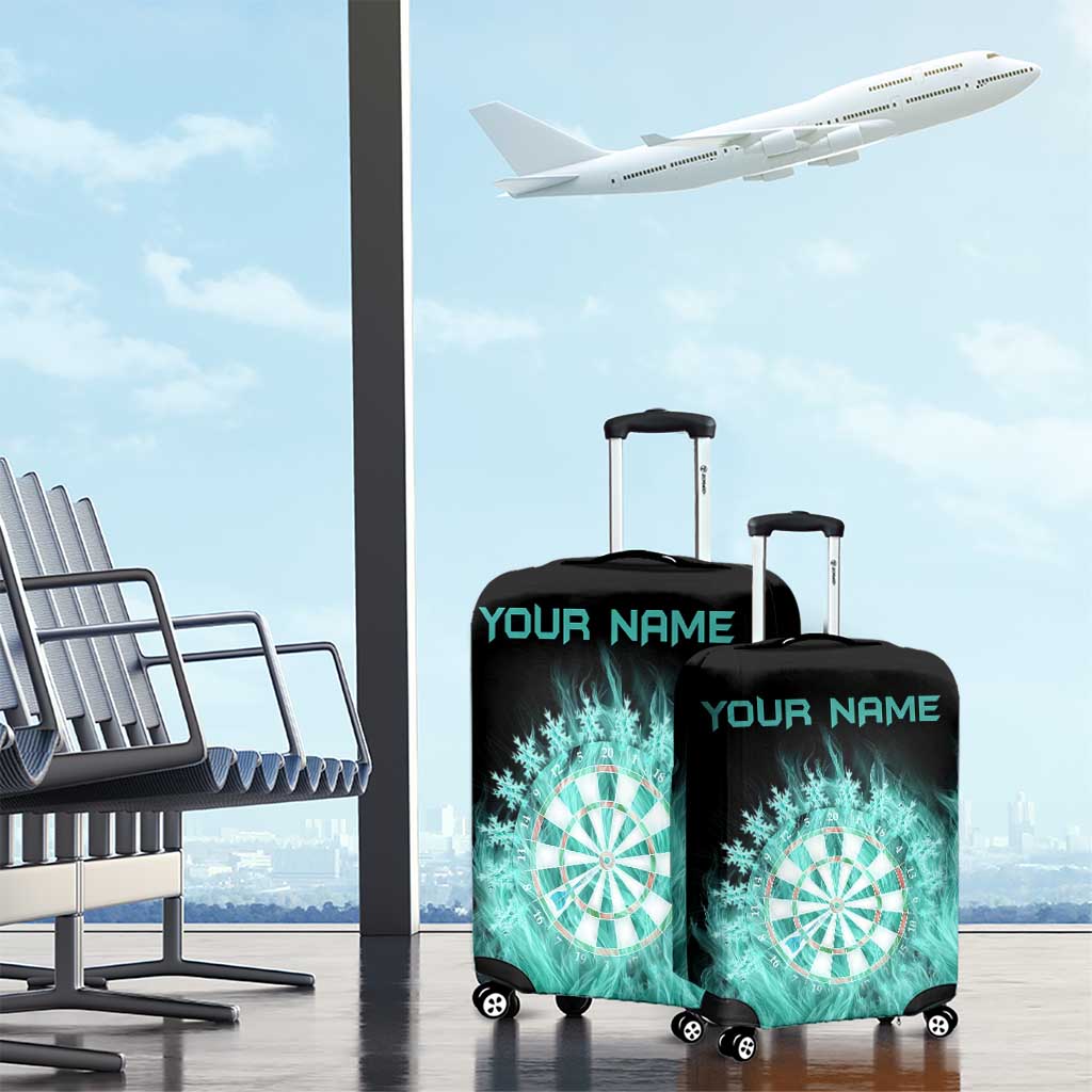 Darts Board Luggage Cover with Flaming Green Smoke and Crest Emblem on Black Gradient Background TS04
