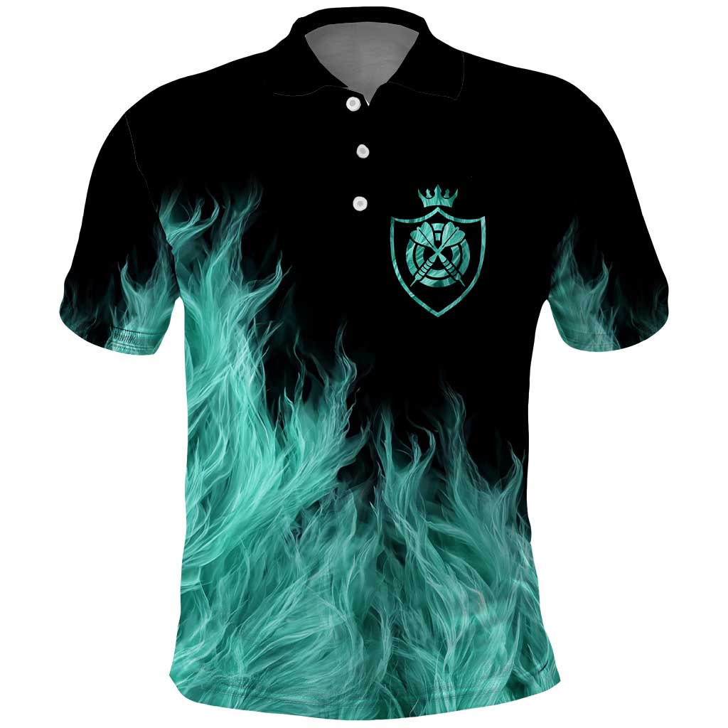 Darts Board Polo Shirt with Flaming Green Smoke and Crest Emblem on Black Gradient Background TS04