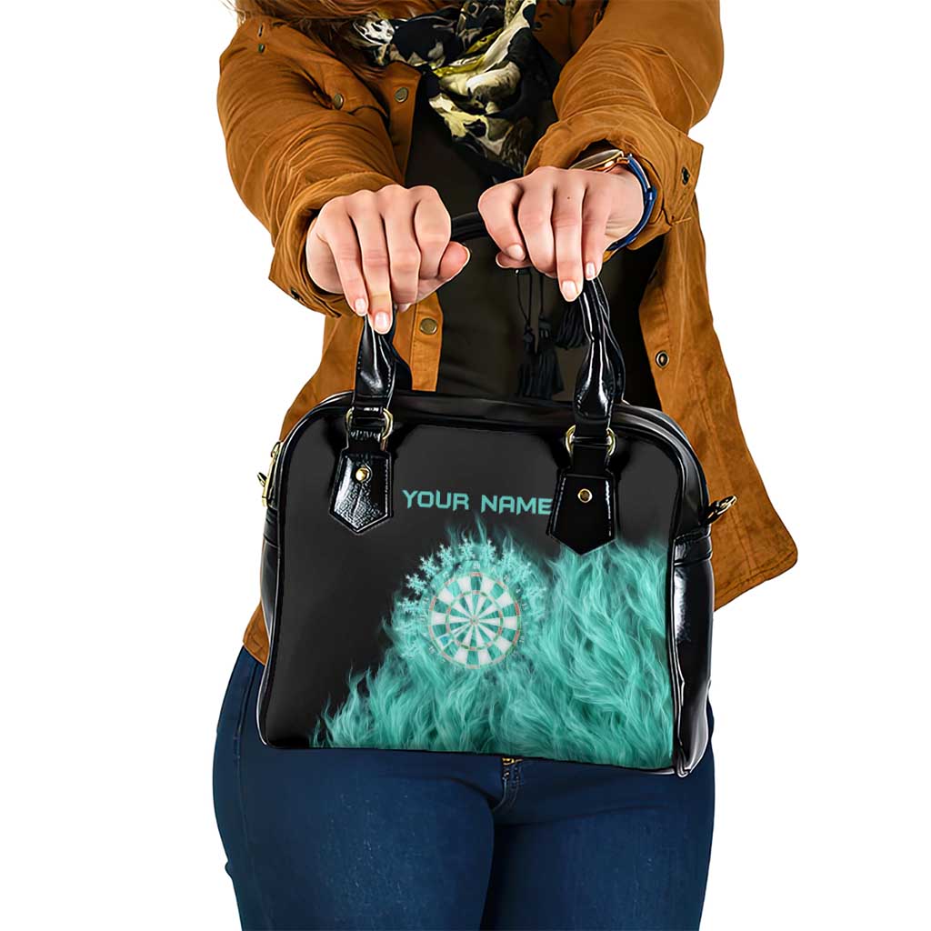 Darts Board Shoulder Handbag with Flaming Green Smoke and Crest Emblem on Black Gradient Background TS04