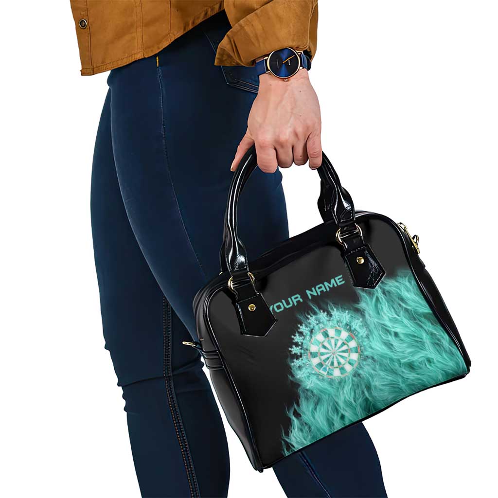 Darts Board Shoulder Handbag with Flaming Green Smoke and Crest Emblem on Black Gradient Background TS04