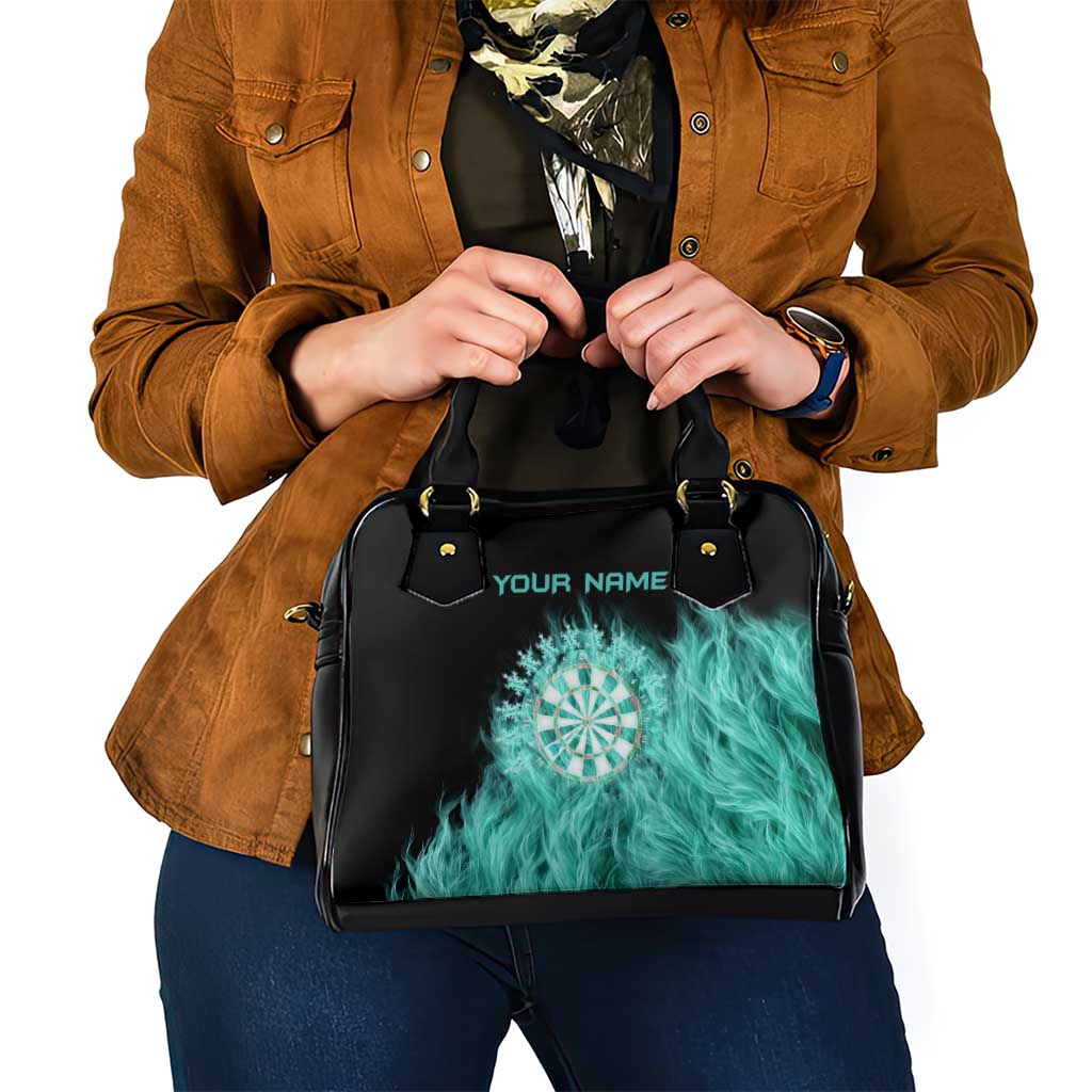 Darts Board Shoulder Handbag with Flaming Green Smoke and Crest Emblem on Black Gradient Background TS04