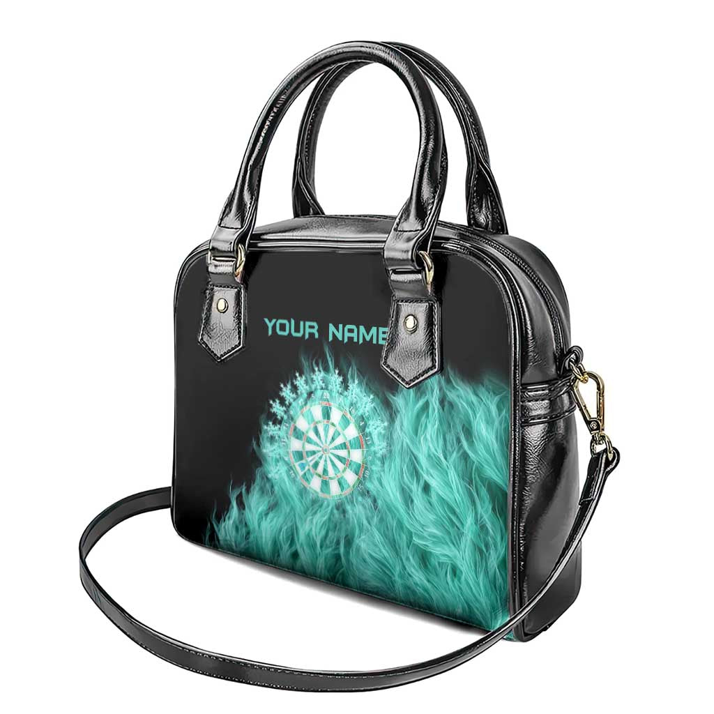 Darts Board Shoulder Handbag with Flaming Green Smoke and Crest Emblem on Black Gradient Background TS04