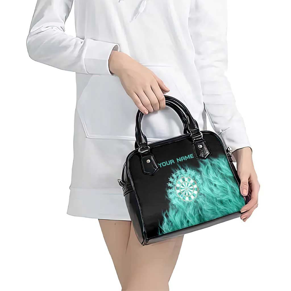 Darts Board Shoulder Handbag with Flaming Green Smoke and Crest Emblem on Black Gradient Background TS04