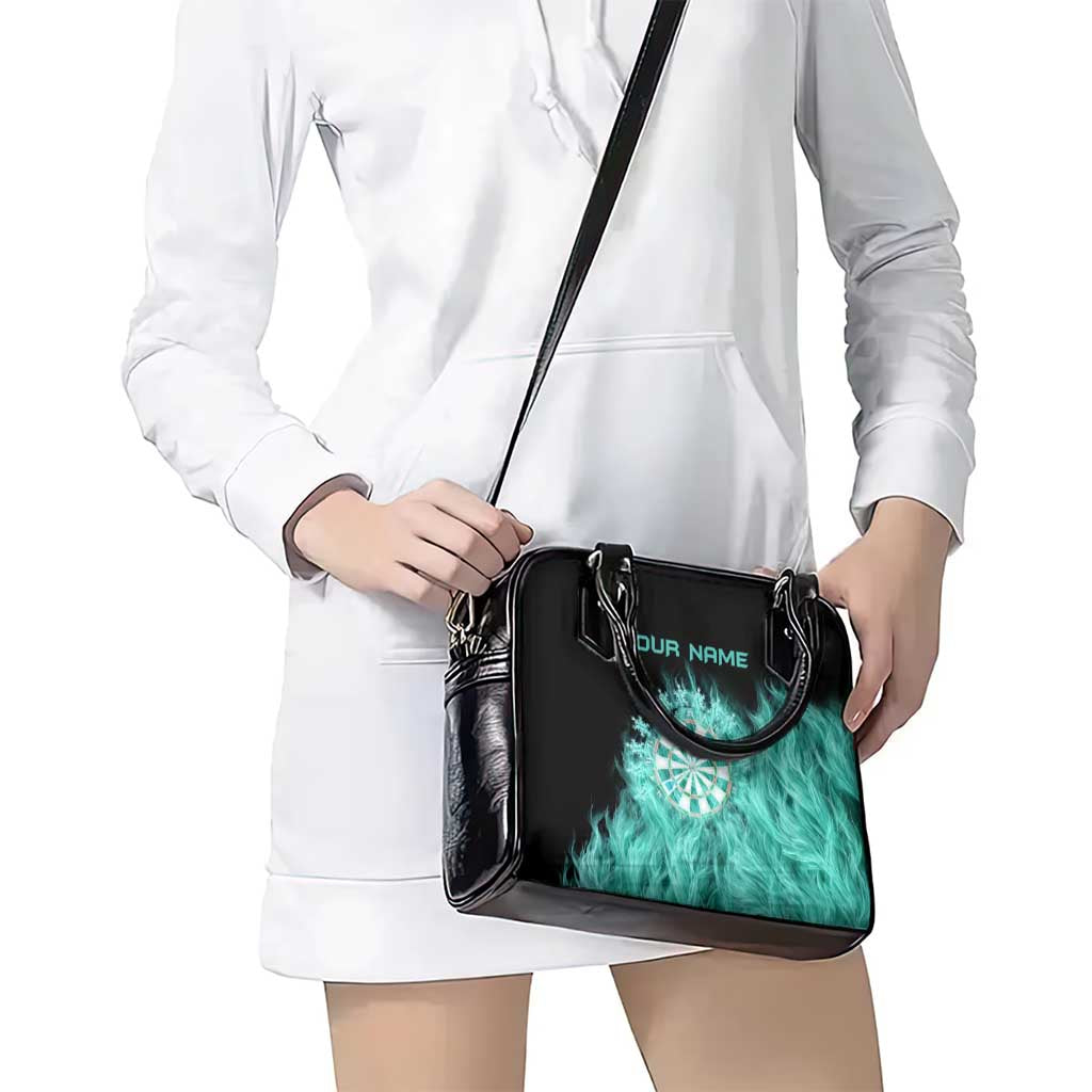 Darts Board Shoulder Handbag with Flaming Green Smoke and Crest Emblem on Black Gradient Background TS04