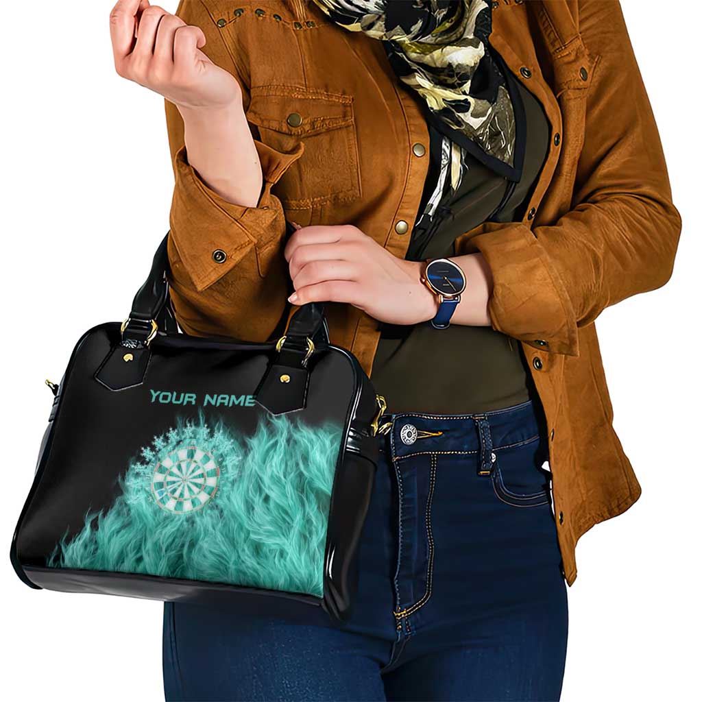 Darts Board Shoulder Handbag with Flaming Green Smoke and Crest Emblem on Black Gradient Background TS04