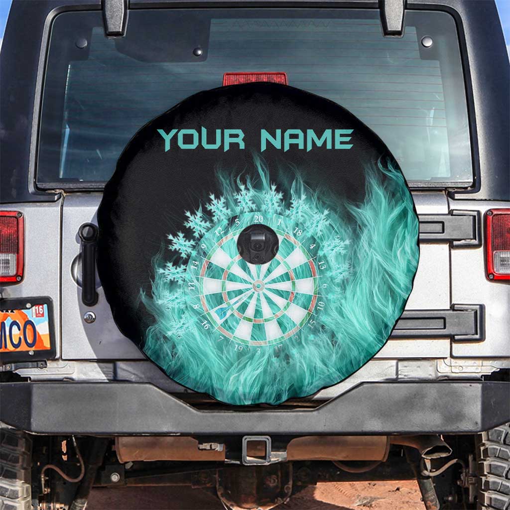 Darts Board Spare Tire Cover with Flaming Green Smoke and Crest Emblem on Black Gradient Background TS04