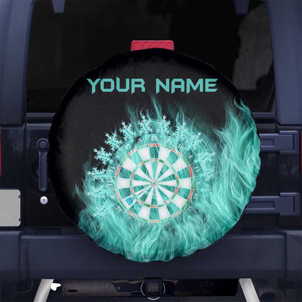 Darts Board Spare Tire Cover with Flaming Green Smoke and Crest Emblem on Black Gradient Background TS04