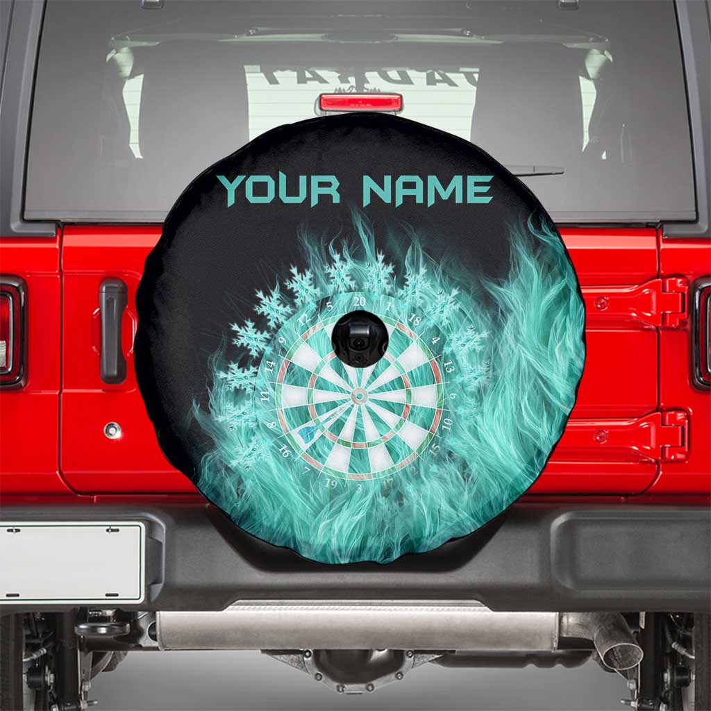 Darts Board Spare Tire Cover with Flaming Green Smoke and Crest Emblem on Black Gradient Background TS04