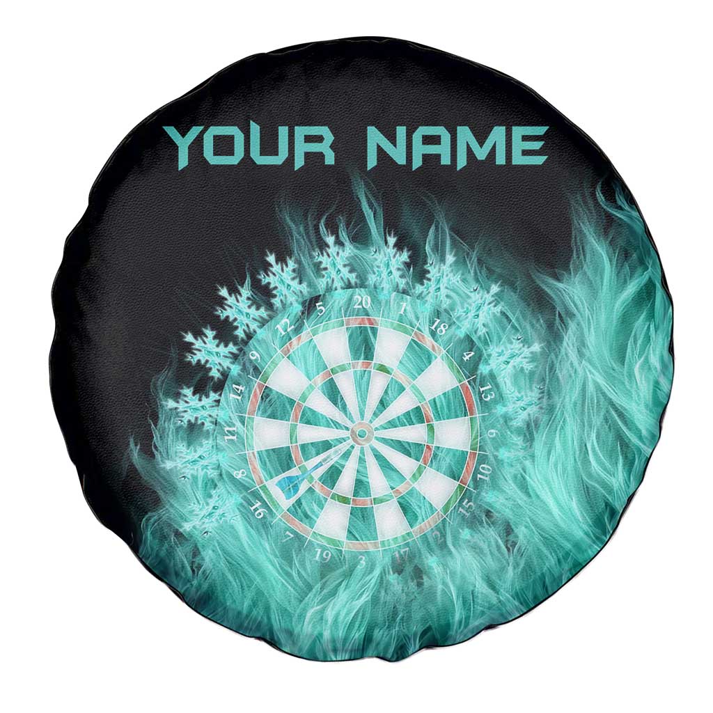 Darts Board Spare Tire Cover with Flaming Green Smoke and Crest Emblem on Black Gradient Background TS04