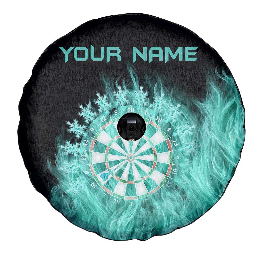 Darts Board Spare Tire Cover with Flaming Green Smoke and Crest Emblem on Black Gradient Background TS04