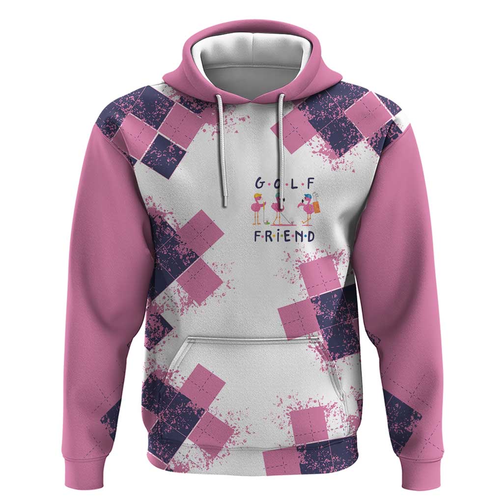 Golf Flamingo Friends Hoodie Pink Argyle Pattern and Custom Name Text on White and Rose Color Block TS04