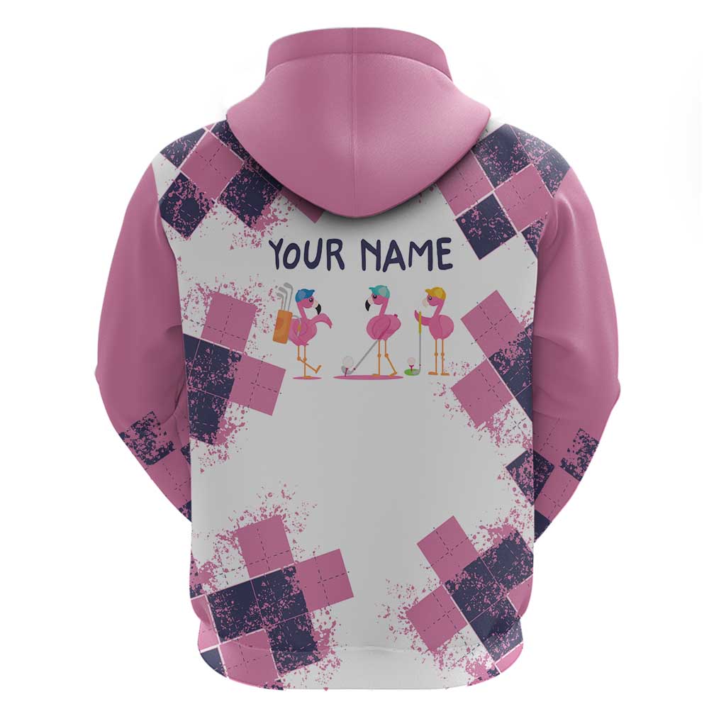 Golf Flamingo Friends Hoodie Pink Argyle Pattern and Custom Name Text on White and Rose Color Block TS04