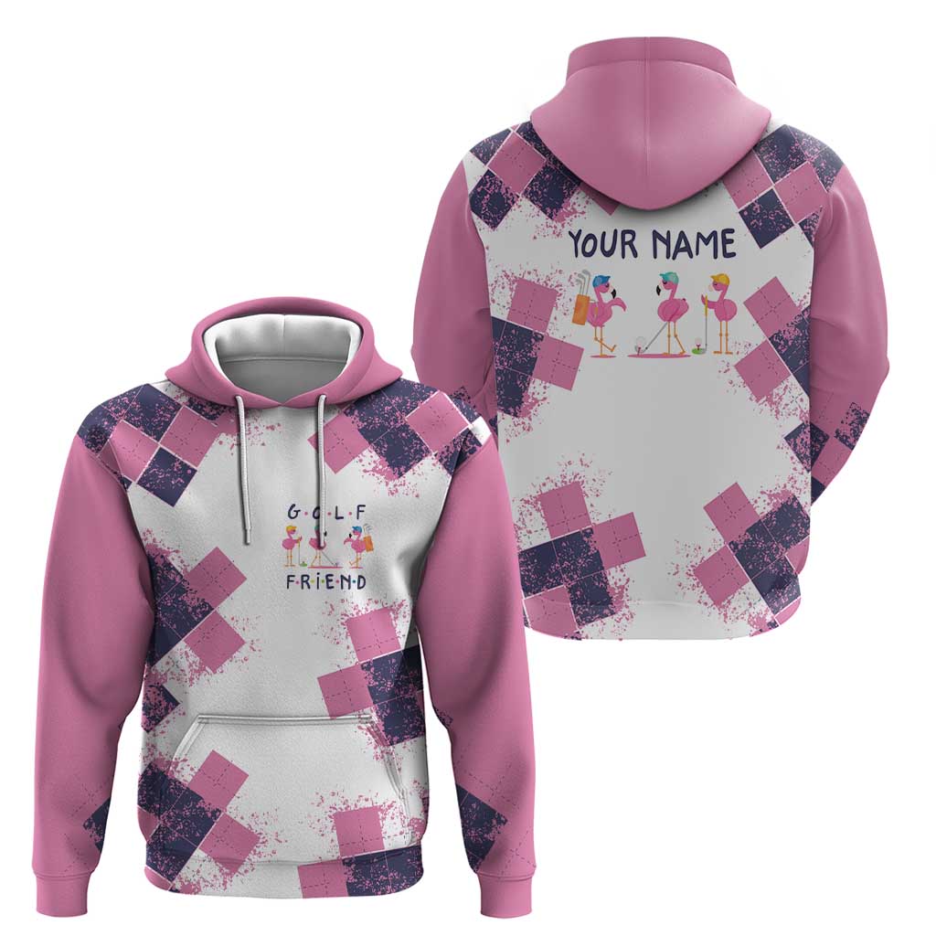 Golf Flamingo Friends Hoodie Pink Argyle Pattern and Custom Name Text on White and Rose Color Block TS04