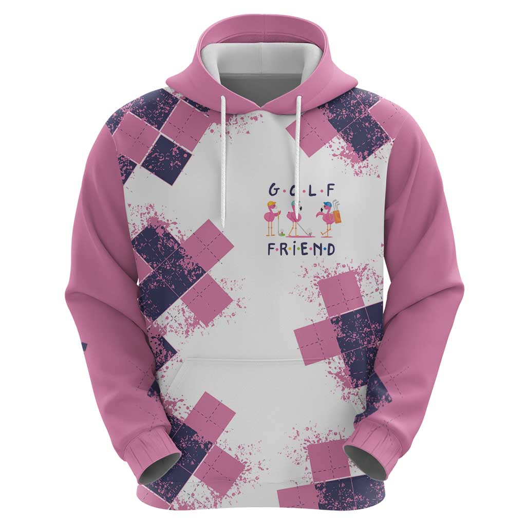 Golf Flamingo Friends Hoodie Pink Argyle Pattern and Custom Name Text on White and Rose Color Block TS04