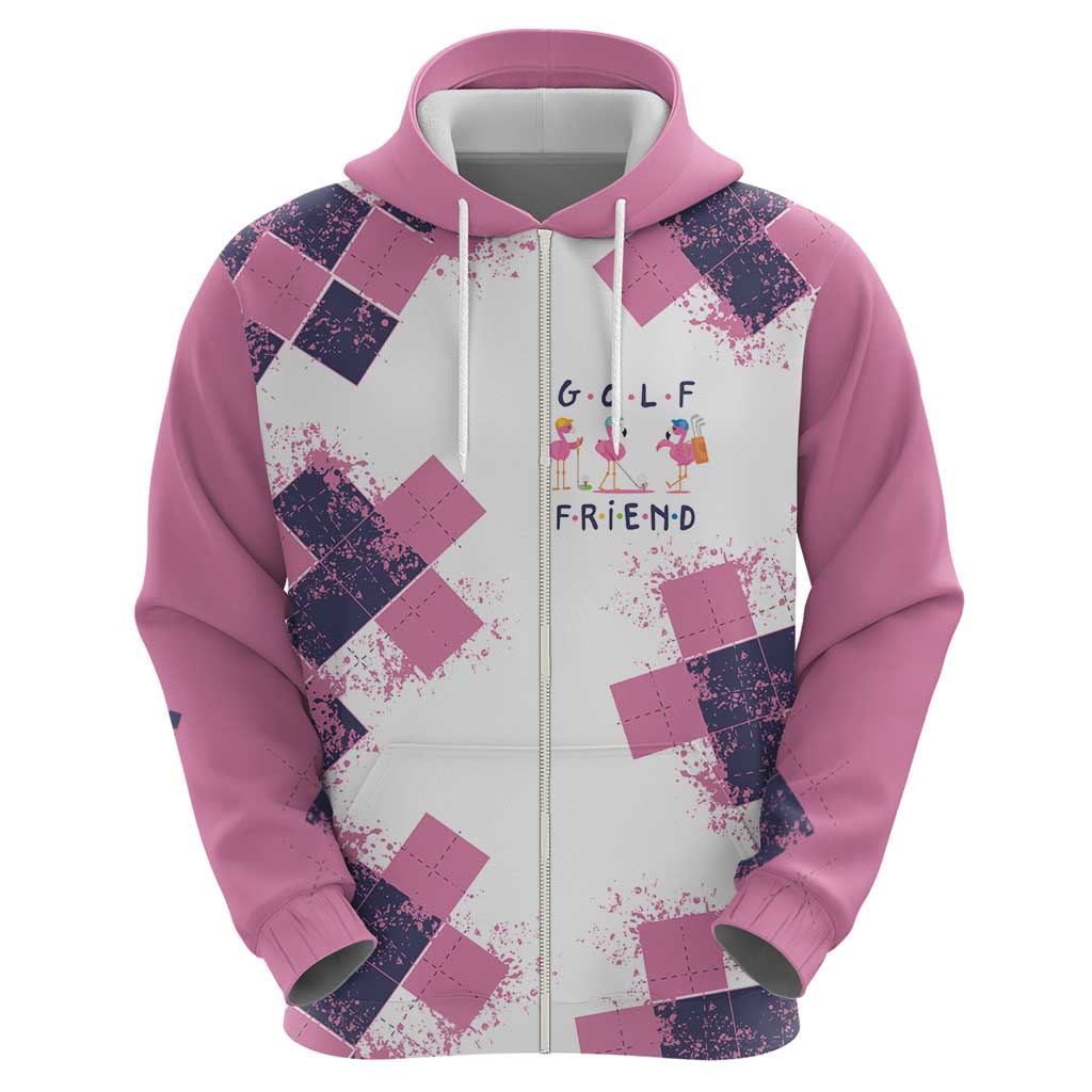 Golf Flamingo Friends Hoodie Pink Argyle Pattern and Custom Name Text on White and Rose Color Block TS04