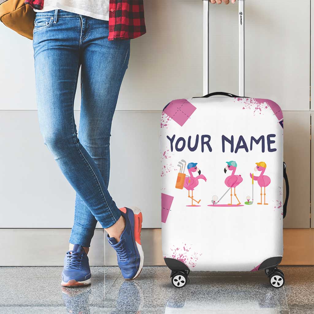 Golf Flamingo Friends Luggage Cover Pink Argyle Pattern and Custom Name Text on White and Rose Color Block TS04
