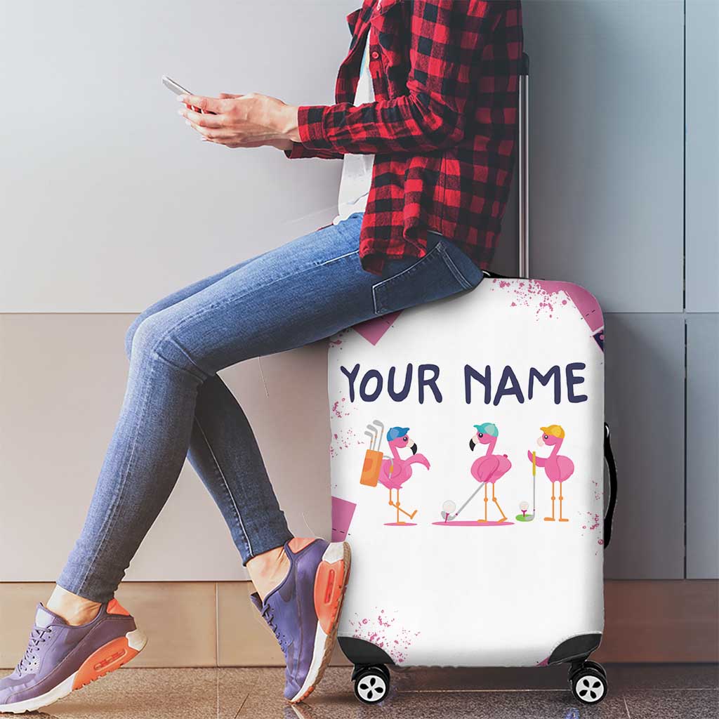 Golf Flamingo Friends Luggage Cover Pink Argyle Pattern and Custom Name Text on White and Rose Color Block TS04