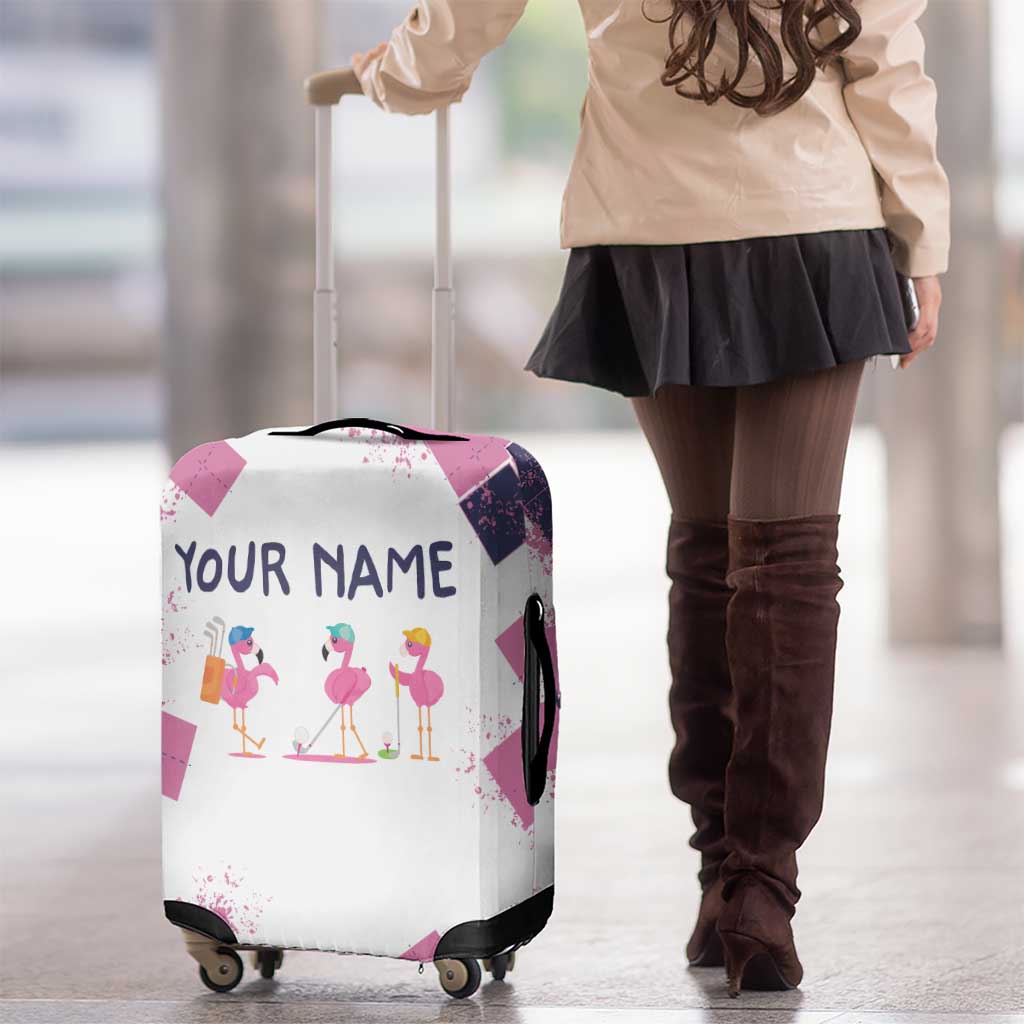 Golf Flamingo Friends Luggage Cover Pink Argyle Pattern and Custom Name Text on White and Rose Color Block TS04