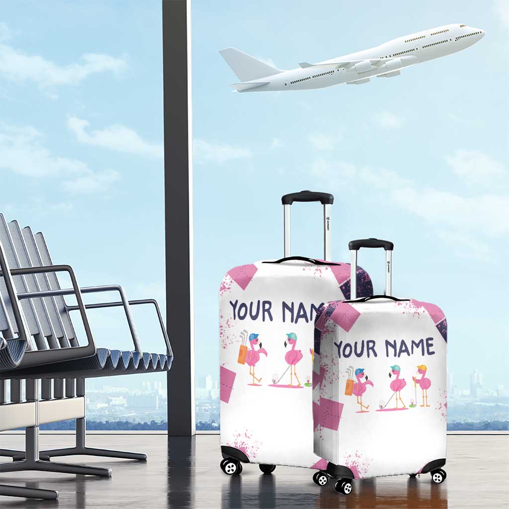 Golf Flamingo Friends Luggage Cover Pink Argyle Pattern and Custom Name Text on White and Rose Color Block TS04