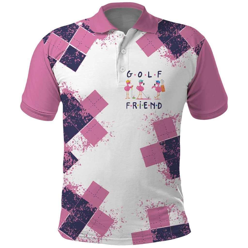 Golf Flamingo Friends Polo Shirt Pink Argyle Pattern and Custom Name Text on White and Rose Color Block TS04