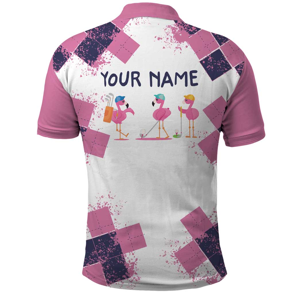 Golf Flamingo Friends Polo Shirt Pink Argyle Pattern and Custom Name Text on White and Rose Color Block TS04