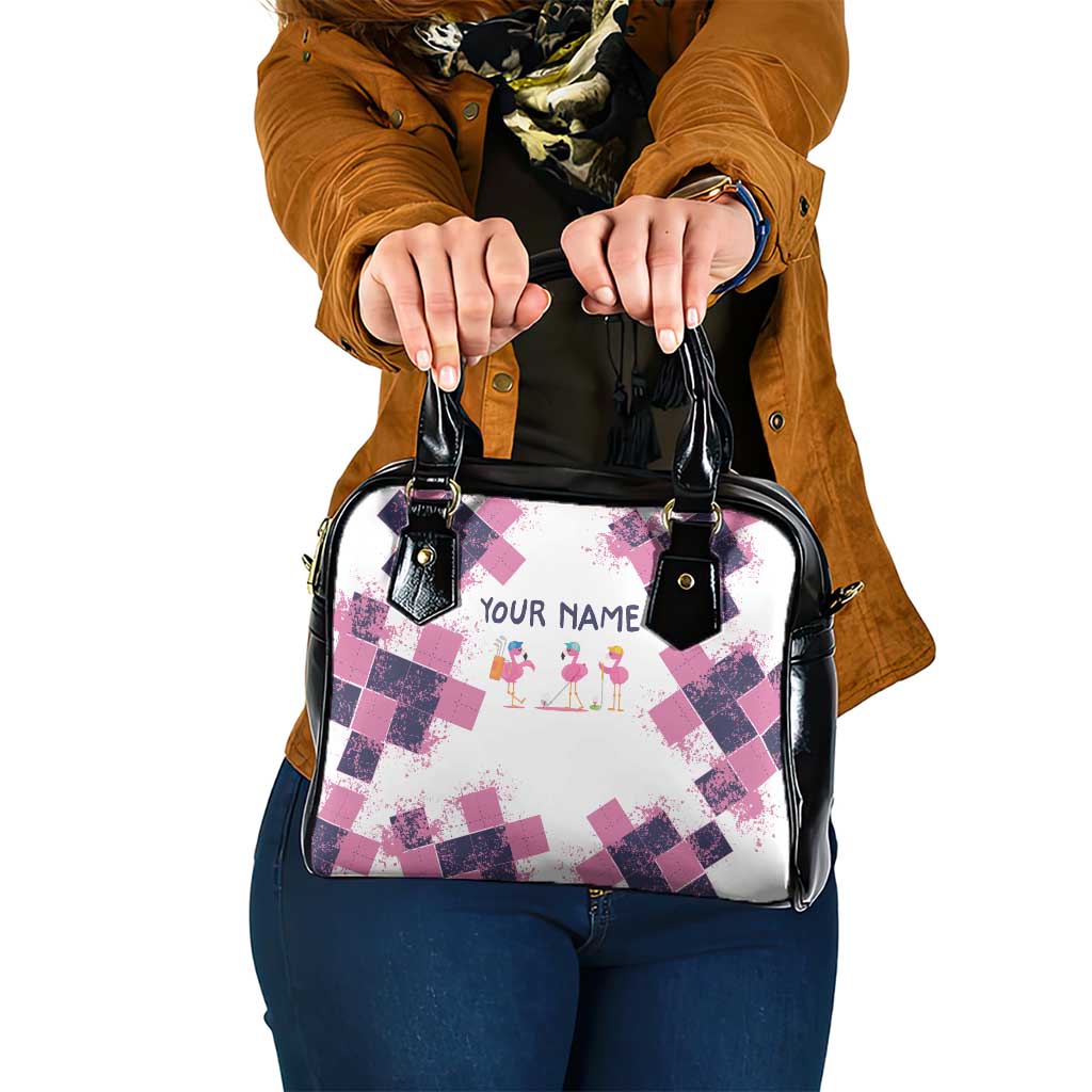 Golf Flamingo Friends Shoulder Handbag Pink Argyle Pattern and Custom Name Text on White and Rose Color Block TS04