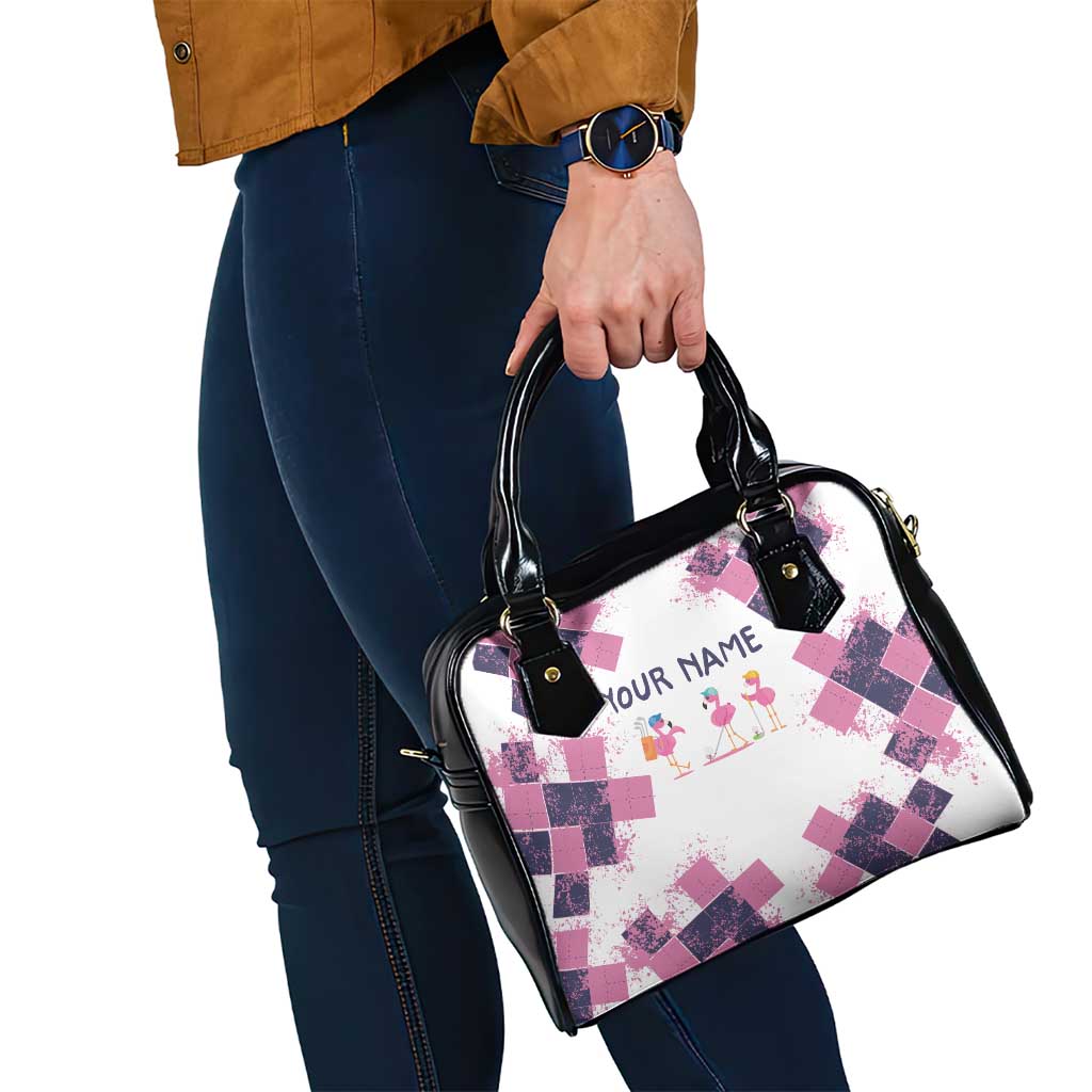 Golf Flamingo Friends Shoulder Handbag Pink Argyle Pattern and Custom Name Text on White and Rose Color Block TS04