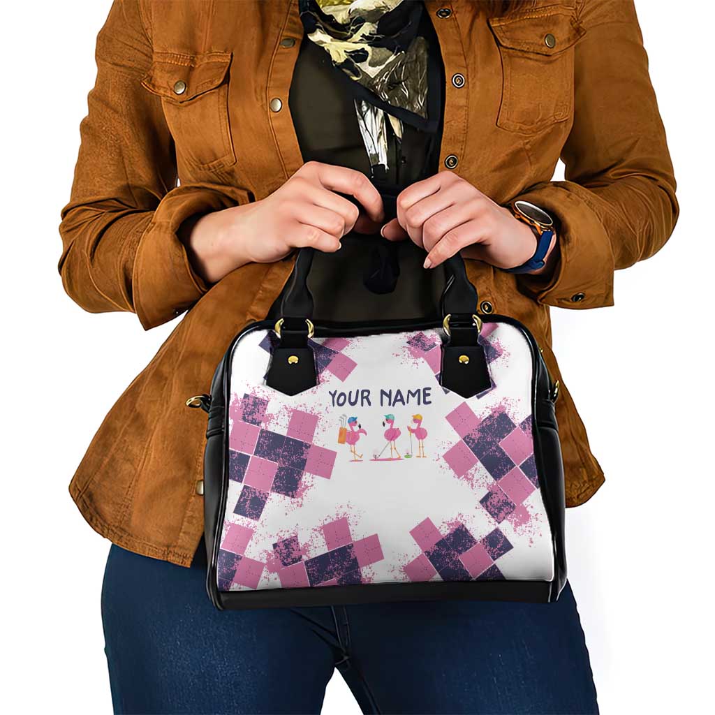 Golf Flamingo Friends Shoulder Handbag Pink Argyle Pattern and Custom Name Text on White and Rose Color Block TS04
