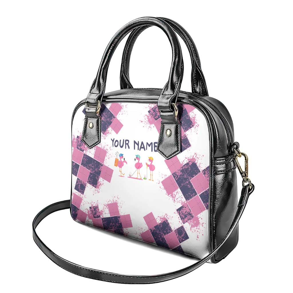 Golf Flamingo Friends Shoulder Handbag Pink Argyle Pattern and Custom Name Text on White and Rose Color Block TS04