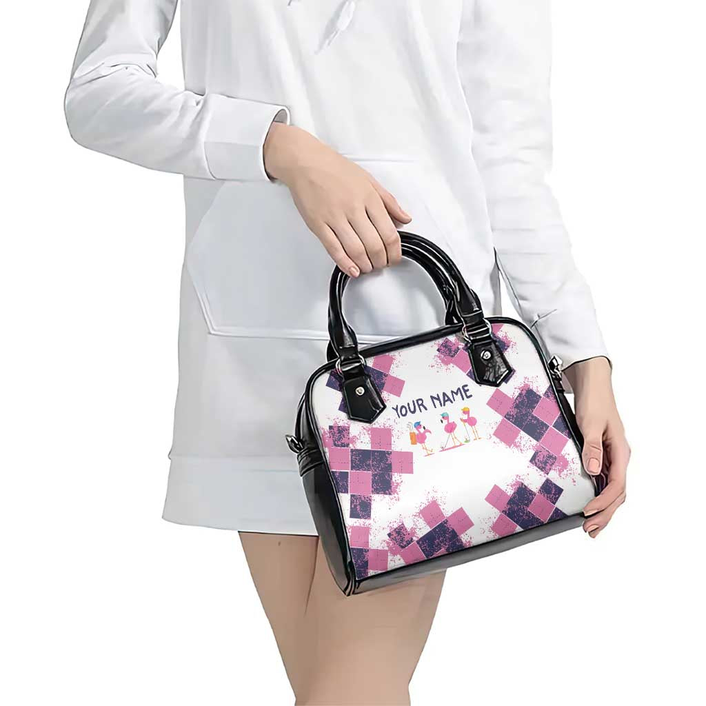 Golf Flamingo Friends Shoulder Handbag Pink Argyle Pattern and Custom Name Text on White and Rose Color Block TS04