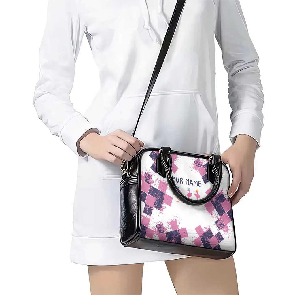 Golf Flamingo Friends Shoulder Handbag Pink Argyle Pattern and Custom Name Text on White and Rose Color Block TS04