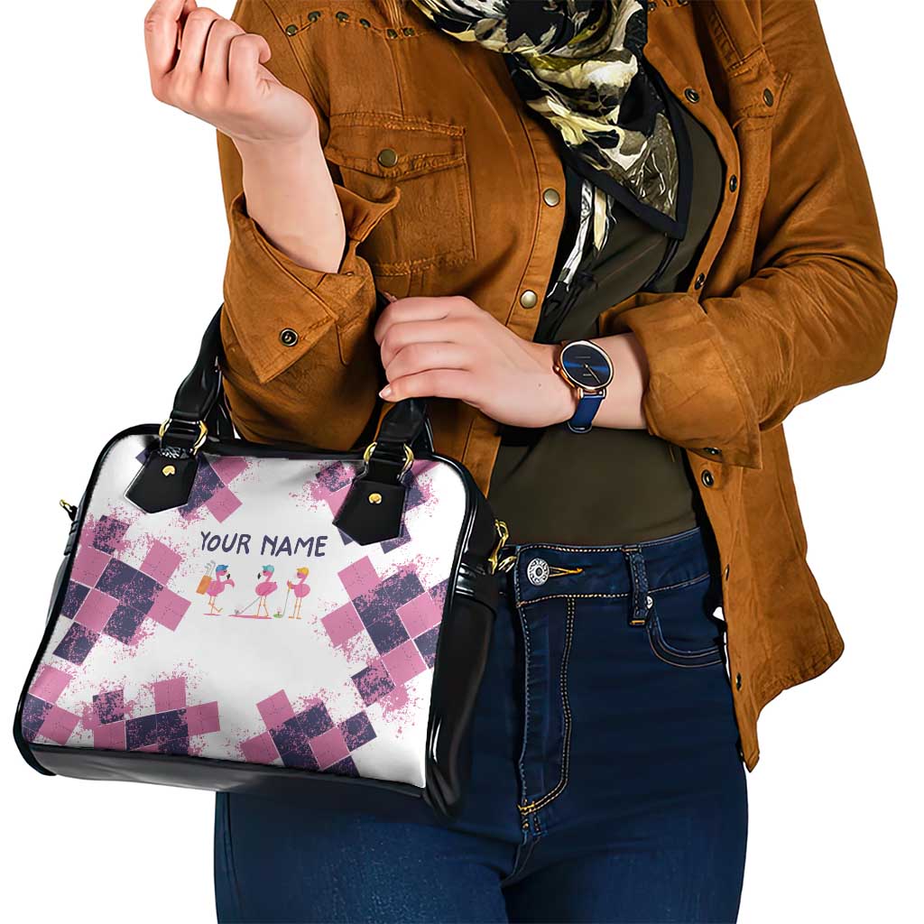 Golf Flamingo Friends Shoulder Handbag Pink Argyle Pattern and Custom Name Text on White and Rose Color Block TS04